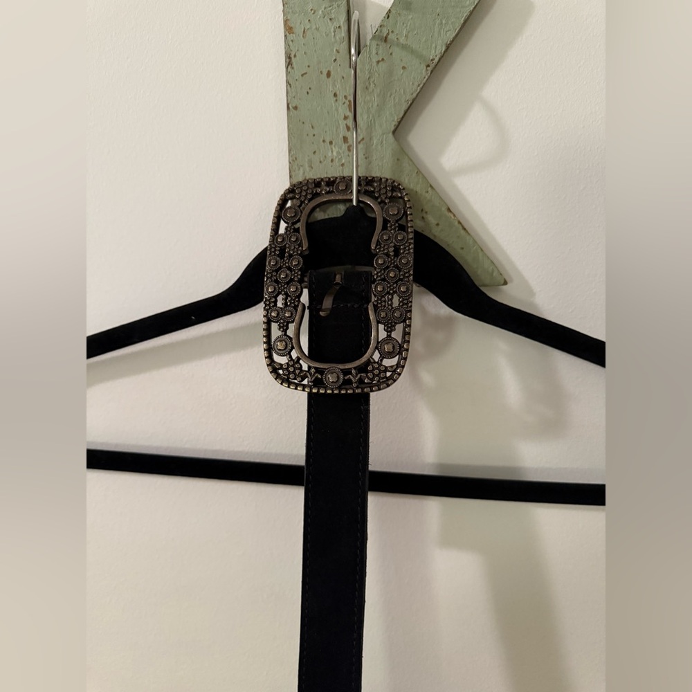 Free People Black Leather Belt with Ornate Antique Silver Buckle